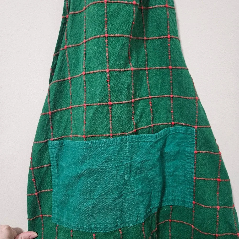 Crate & Barrel‎ Green Plaid Cotton Apron Handwoven India Red Windowpane Check